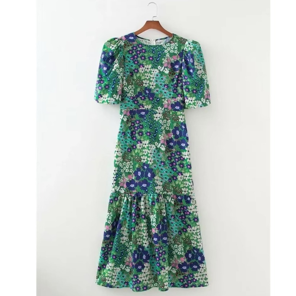 Sunday Up Floral Print Midi Dress Puff Sleeve Ruffle‎ Hem Small Feminine Boho